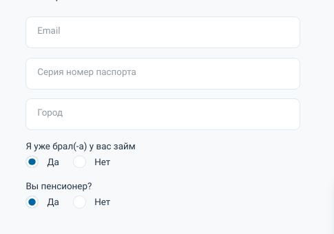 Скриншот формы паспортных данных с сайта russkiedengi.ru